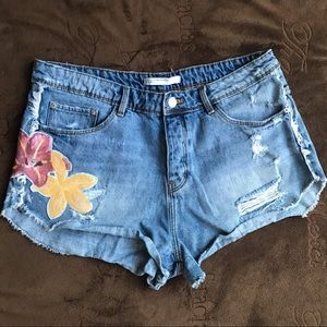 Zara Floral Sequin Denim Shorts